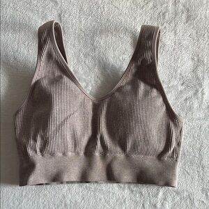 Aerie Tan Sports Bra with Ribbed Fabric and Scoop Neckline